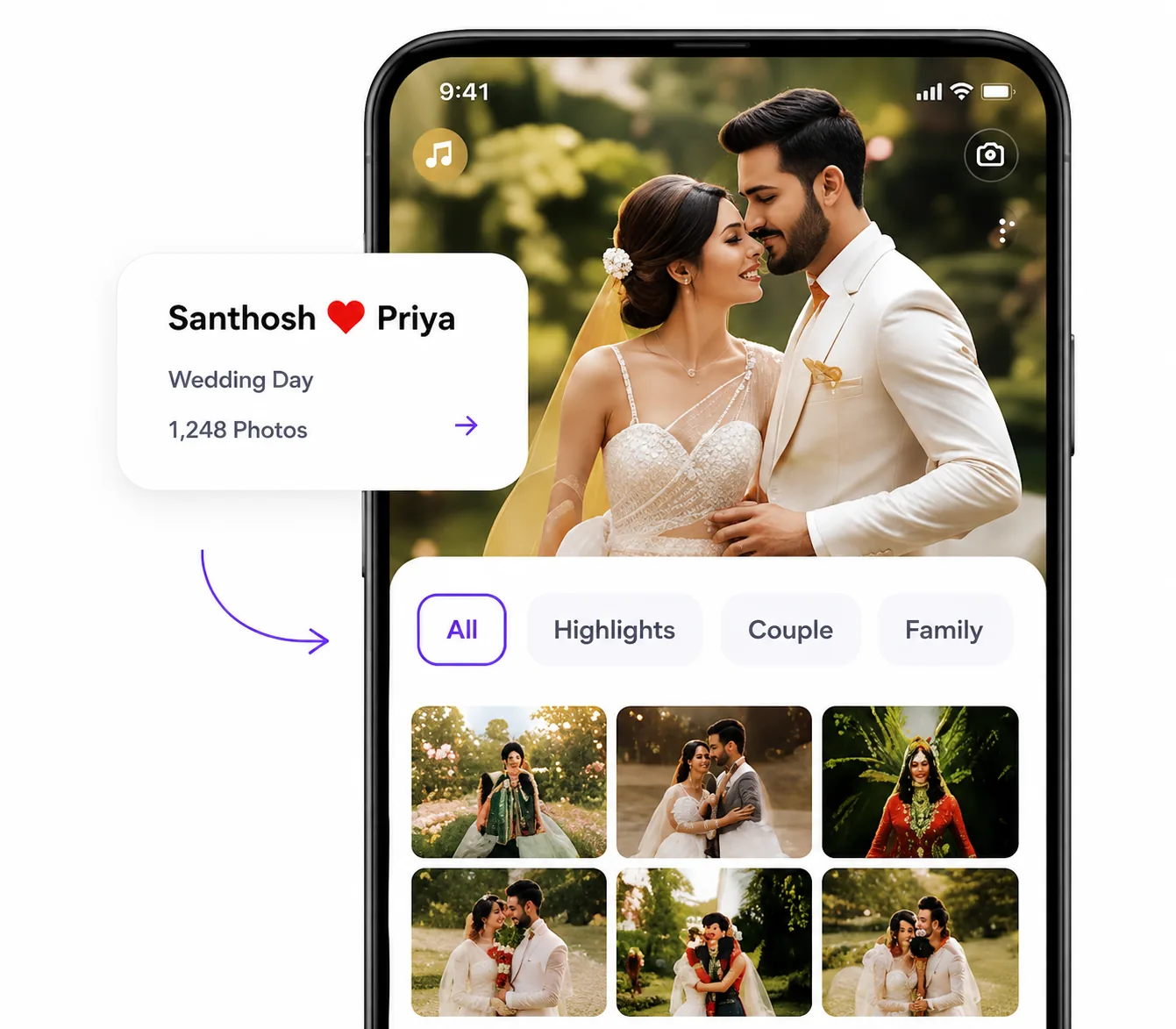 A client gallery open on a phone, showing a wedding album and its photo grid